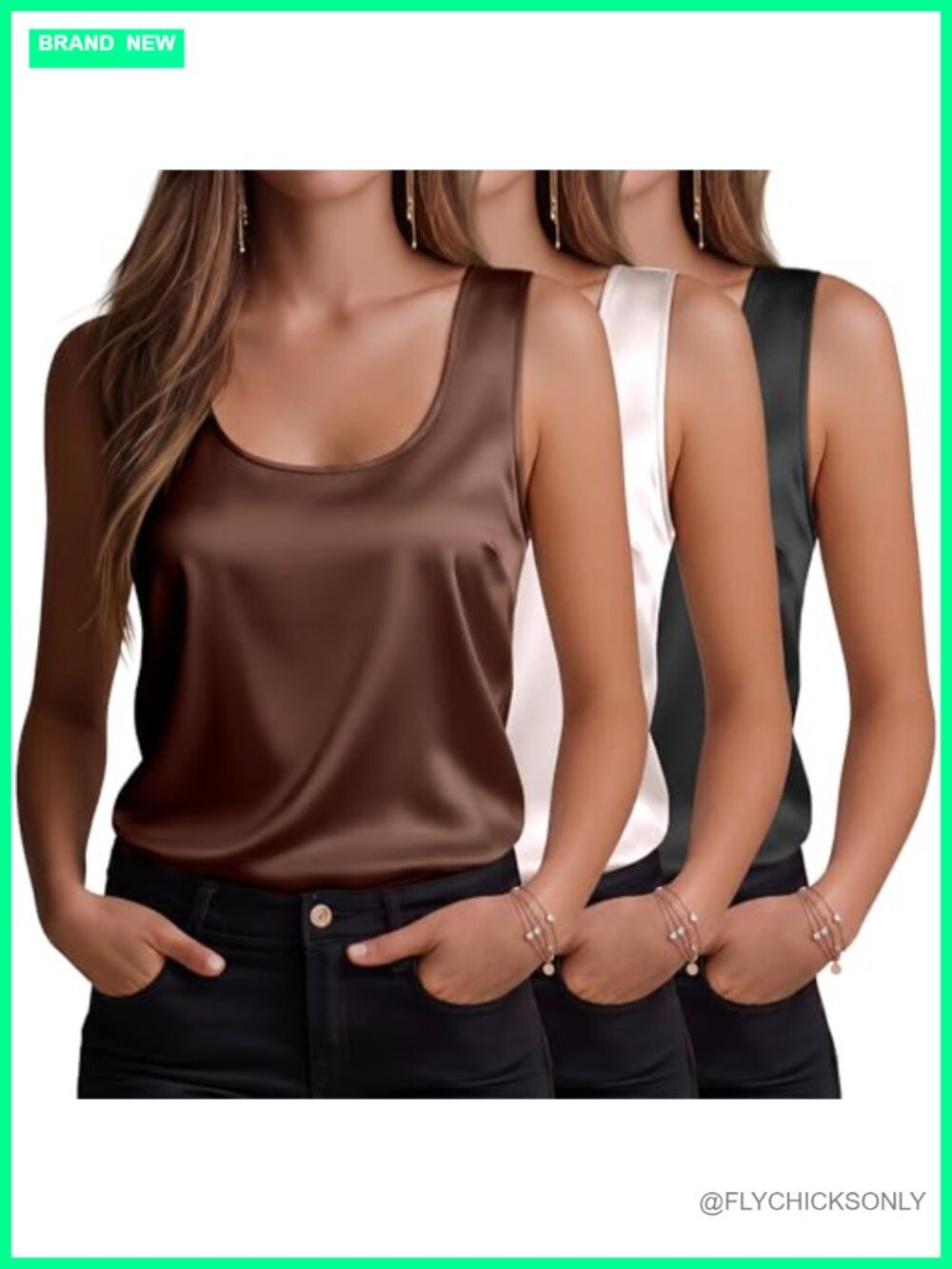 3 Pack Silk Satin Tank Tops Scoop Neck Loose Fit Sleeveless Camisole